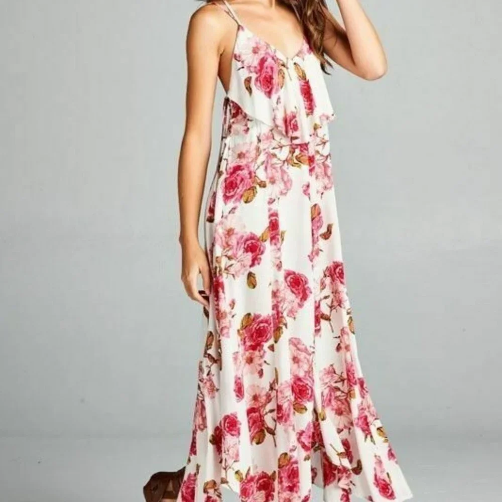 AAKAA Boho Ivory Pink Floral Lace-up Maxi Dress - Picture 1 of 5